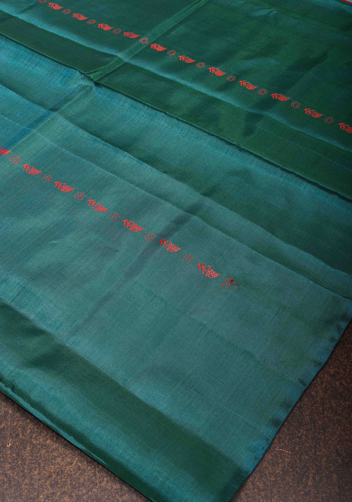 Vegan Silk Handloom Saree in Teal with Resham Stripes , No Blouse piece