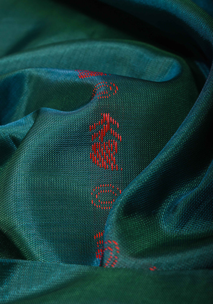 Vegan Silk Handloom Saree in Teal with Resham Stripes , No Blouse piece