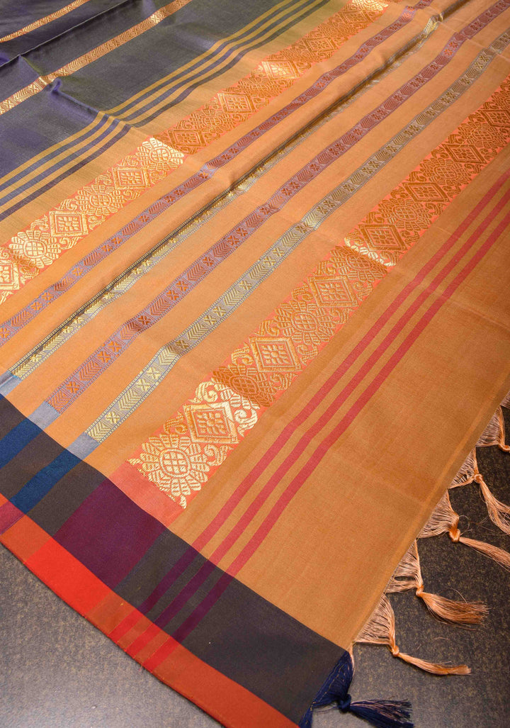 Vegan Silk Handloom Saree in Mid Grey with Resham Buttas and Contrast Pallu , No Blouse piece