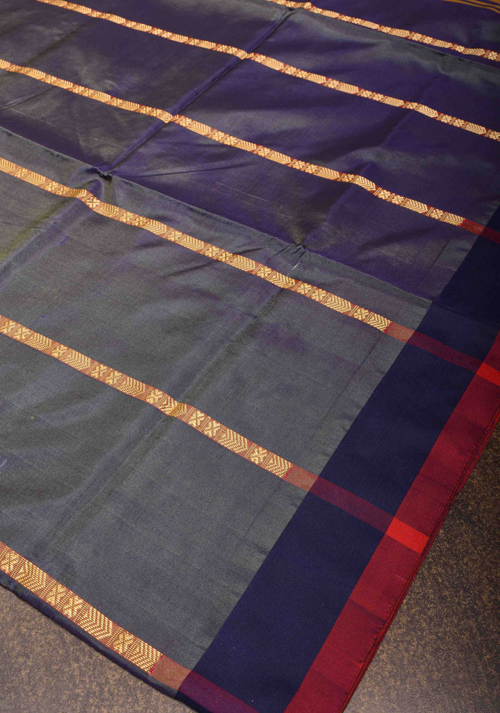 Vegan Silk Handloom Saree in Mid Grey with Resham Buttas and Contrast Pallu , No Blouse piece