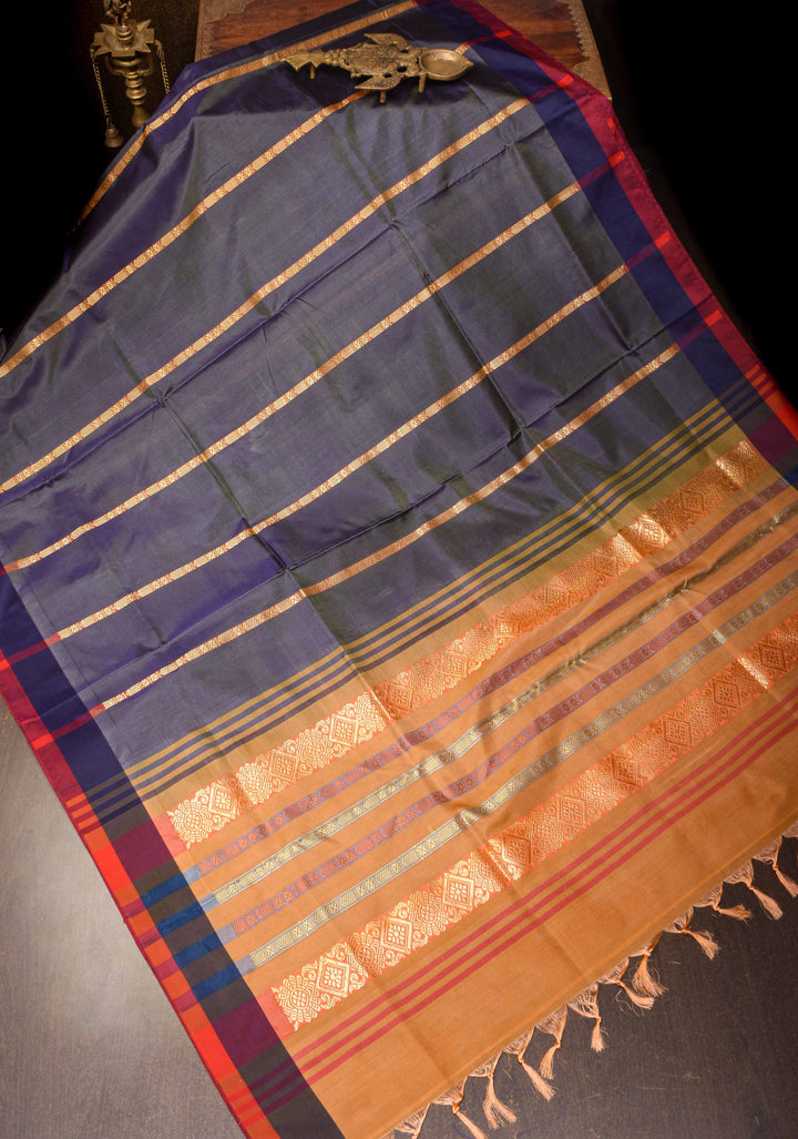 Vegan Silk Handloom Saree in Mid Grey with Resham Buttas and Contrast Pallu , No Blouse piece
