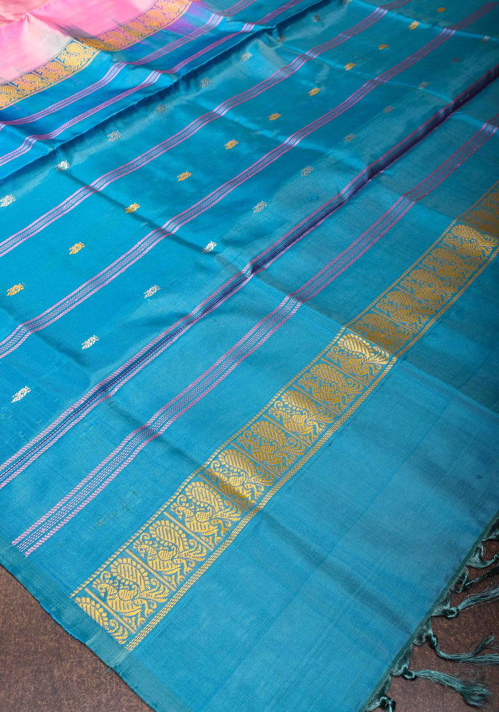 Vegan Silk Handloom Saree in Bubblegum Pink with Resham Buttas and Contrast Pallu, No Blouse piece