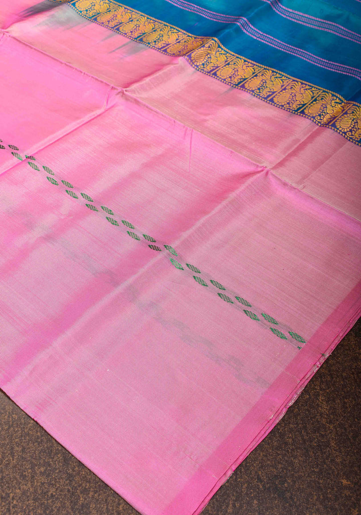 Vegan Silk Handloom Saree in Bubblegum Pink with Resham Buttas and Contrast Pallu, No Blouse piece