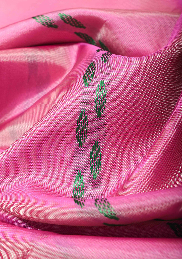 Vegan Silk Handloom Saree in Bubblegum Pink with Resham Buttas and Contrast Pallu, No Blouse piece