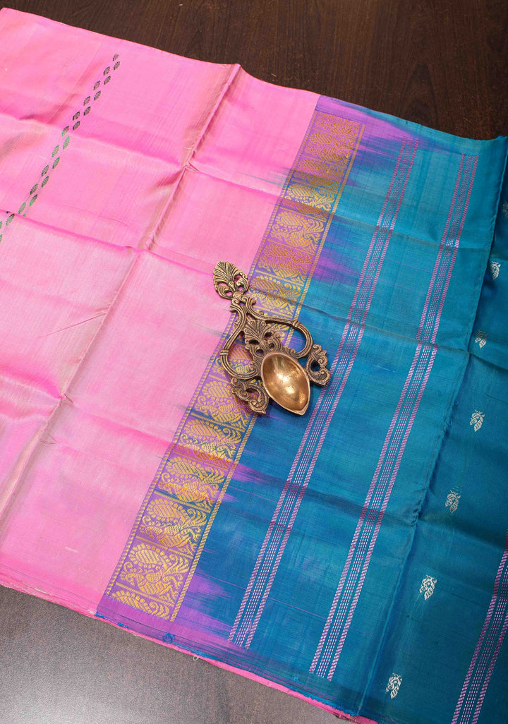 Vegan Silk Handloom Saree in Bubblegum Pink with Resham Buttas and Contrast Pallu, No Blouse piece