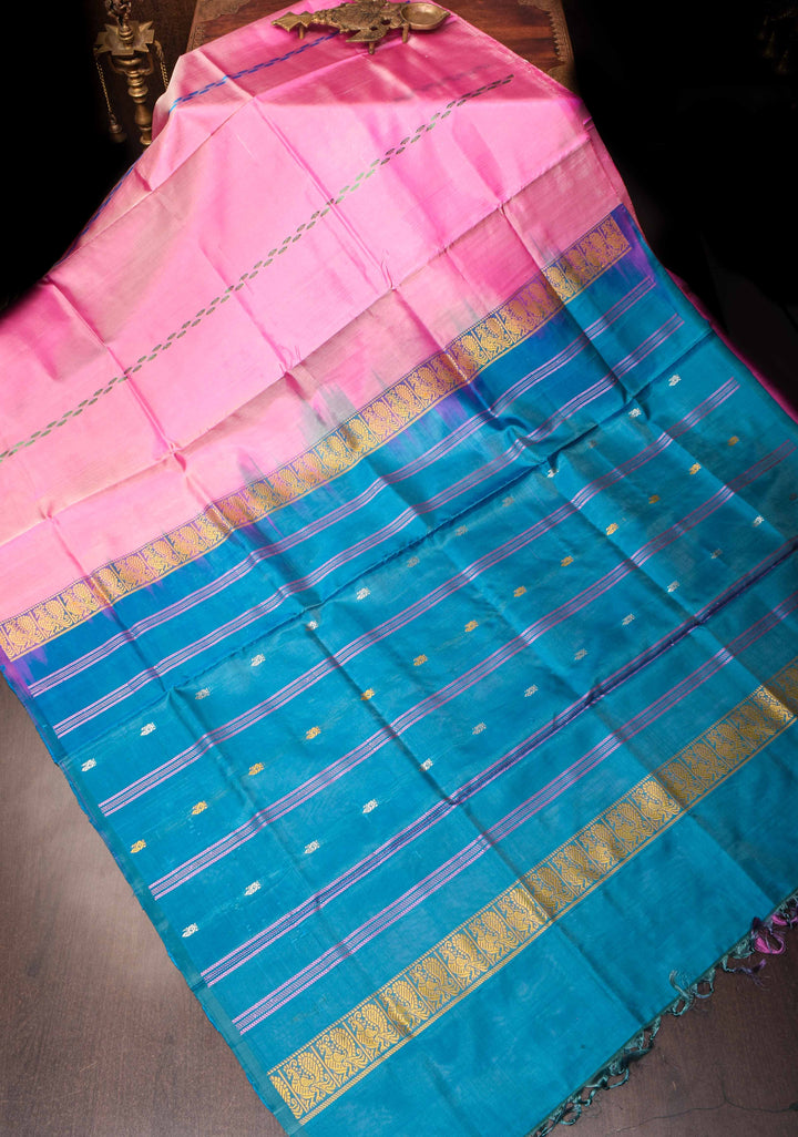Vegan Silk Handloom Saree in Bubblegum Pink with Resham Buttas and Contrast Pallu, No Blouse piece