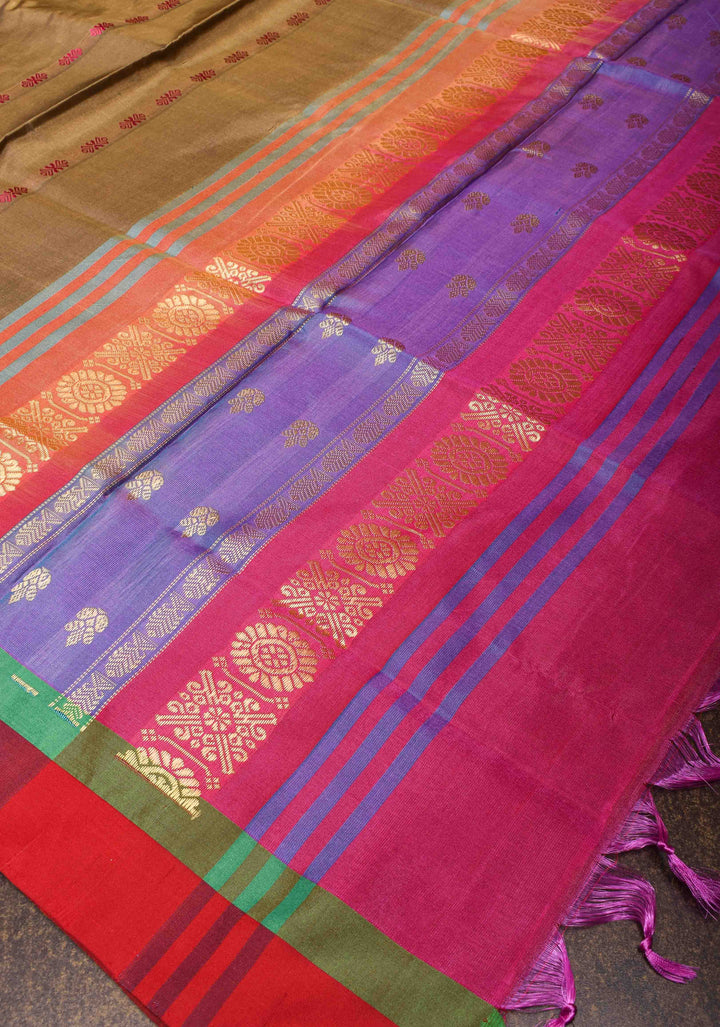 Vegan Silk Handloom Saree in French Beige with Resham Buttas and Contrast Pallu , No Blouse piece