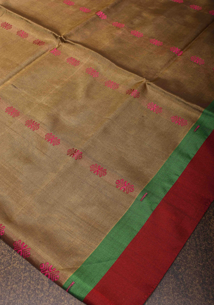 Vegan Silk Handloom Saree in French Beige with Resham Buttas and Contrast Pallu , No Blouse piece