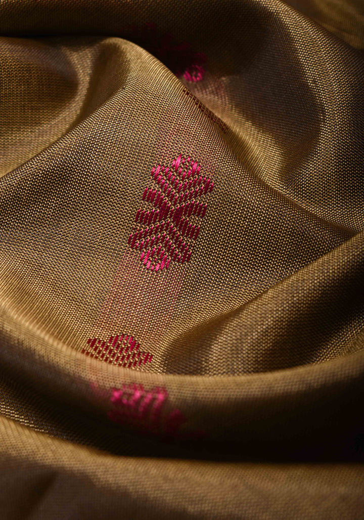 Vegan Silk Handloom Saree in French Beige with Resham Buttas and Contrast Pallu , No Blouse piece