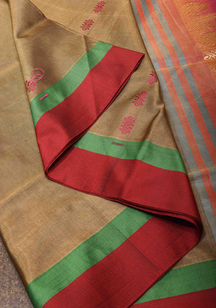 Vegan Silk Handloom Saree in French Beige with Resham Buttas and Contrast Pallu , No Blouse piece