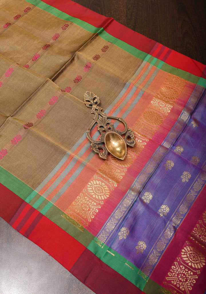 Vegan Silk Handloom Saree in French Beige with Resham Buttas and Contrast Pallu , No Blouse piece