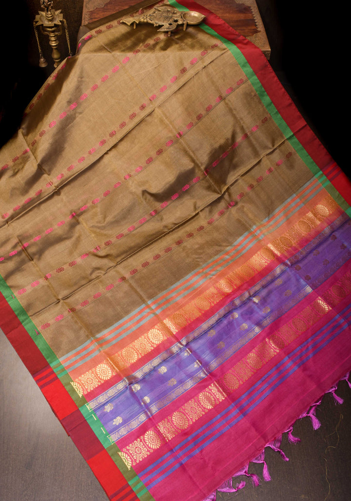 Vegan Silk Handloom Saree in French Beige with Resham Buttas and Contrast Pallu , No Blouse piece