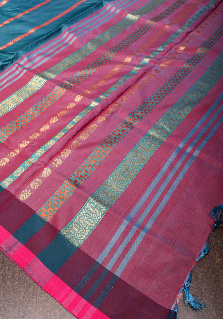 Vegan Silk Handloom Saree in Peacock Blue with Resham Buttas and Contrast Pallu , No Blouse piece