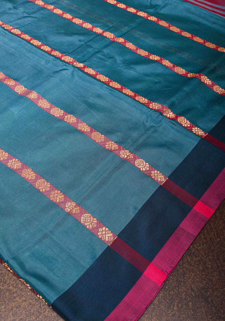 Vegan Silk Handloom Saree in Peacock Blue with Resham Buttas and Contrast Pallu , No Blouse piece