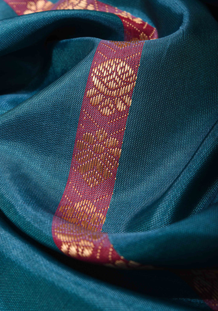 Vegan Silk Handloom Saree in Peacock Blue with Resham Buttas and Contrast Pallu , No Blouse piece