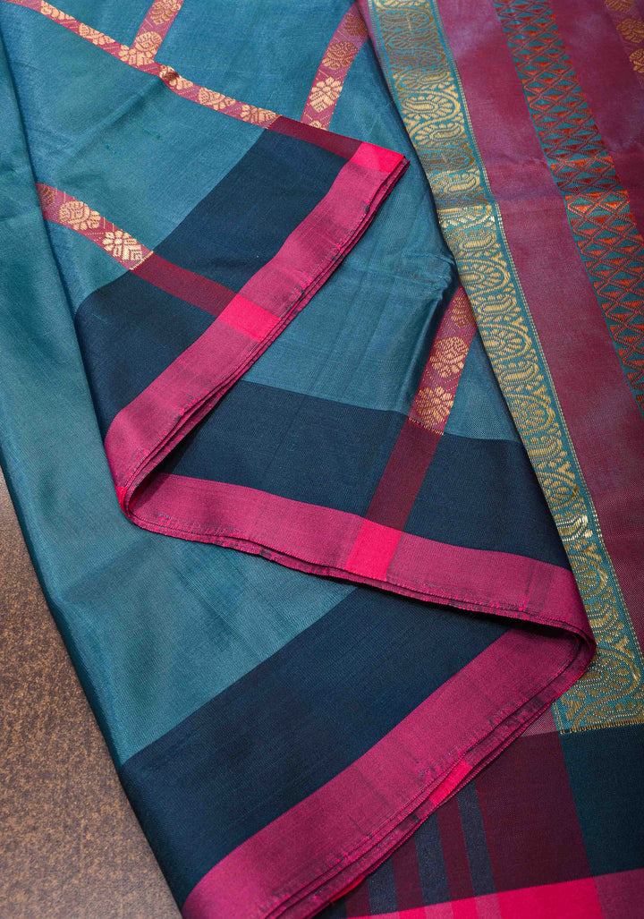Vegan Silk Handloom Saree in Peacock Blue with Resham Buttas and Contrast Pallu , No Blouse piece