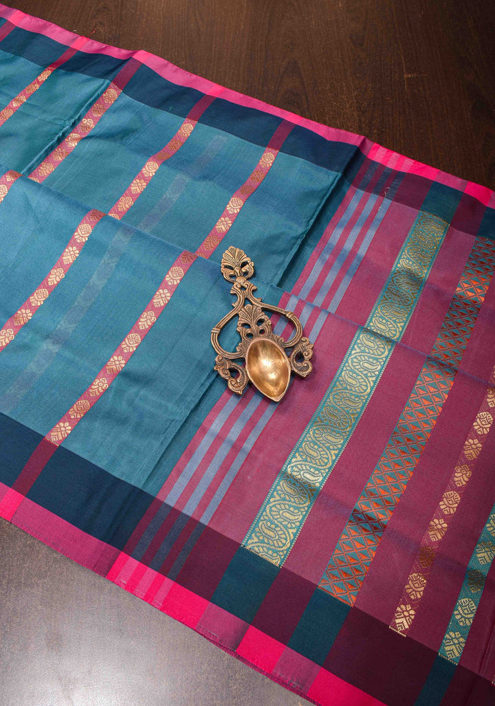 Vegan Silk Handloom Saree in Peacock Blue with Resham Buttas and Contrast Pallu , No Blouse piece