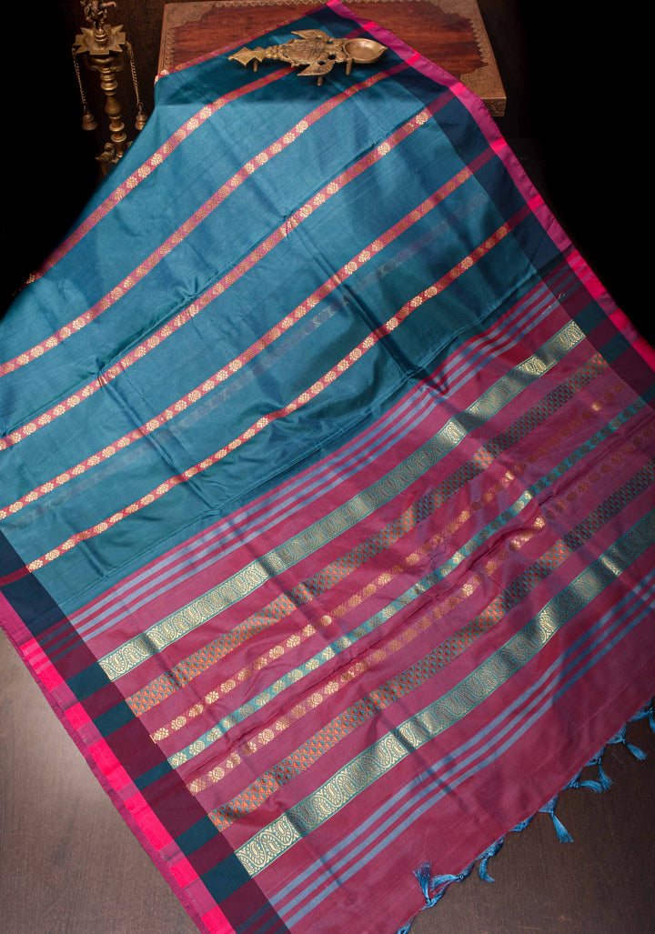 Vegan Silk Handloom Saree in Peacock Blue with Resham Buttas and Contrast Pallu , No Blouse piece