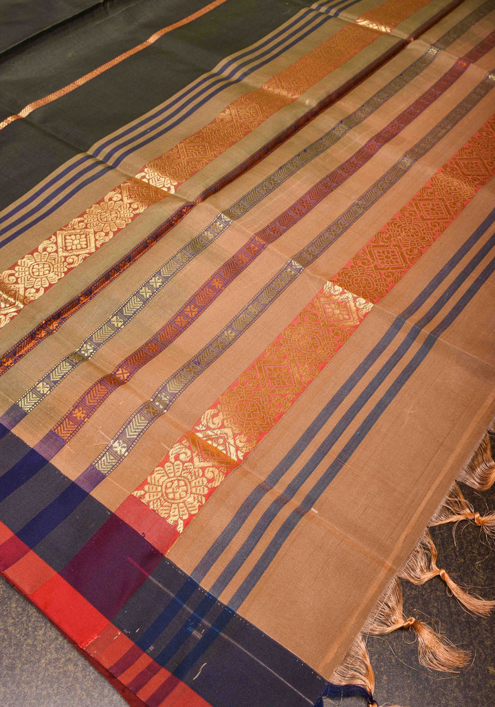 Vegan Silk Handloom Saree in Dark Gray with Resham Stripes and Contrast Pallu, No Blouse piece