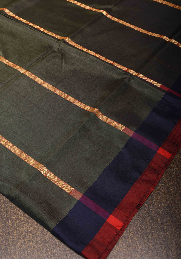 Vegan Silk Handloom Saree in Dark Gray with Resham Stripes and Contrast Pallu, No Blouse piece