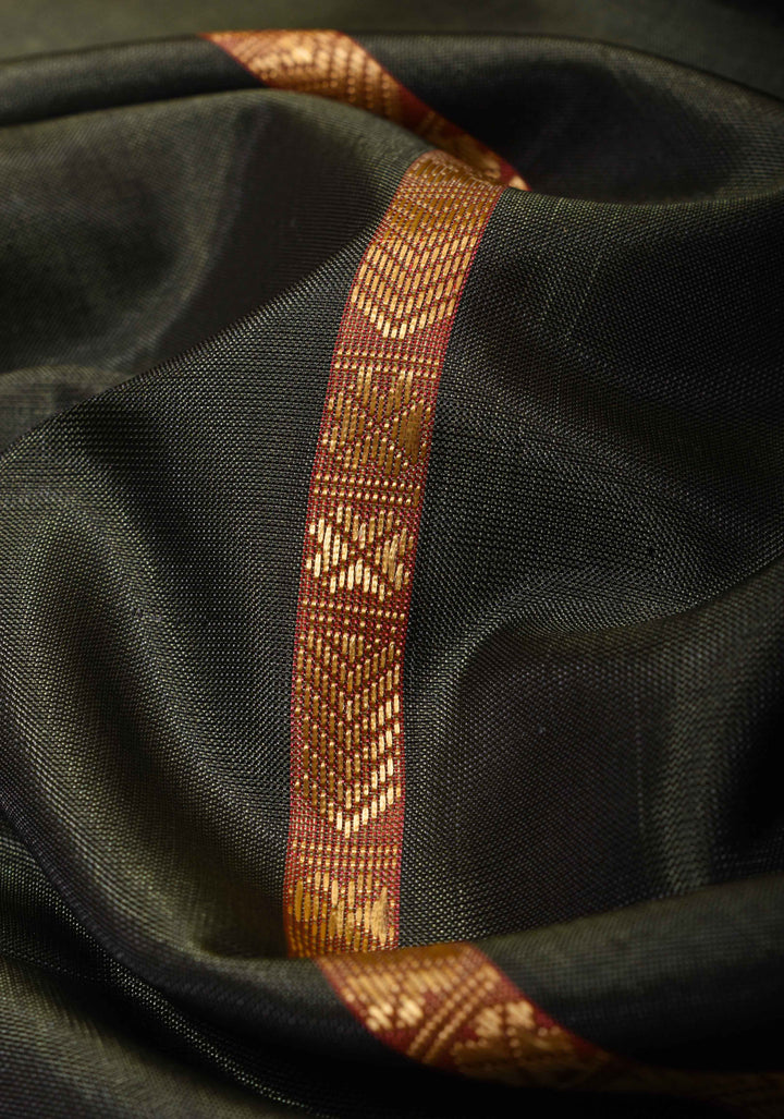 Vegan Silk Handloom Saree in Dark Gray with Resham Stripes and Contrast Pallu, No Blouse piece