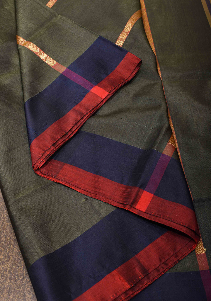 Vegan Silk Handloom Saree in Dark Gray with Resham Stripes and Contrast Pallu, No Blouse piece