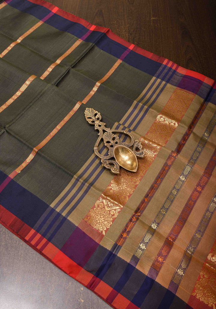 Vegan Silk Handloom Saree in Dark Gray with Resham Stripes and Contrast Pallu, No Blouse piece