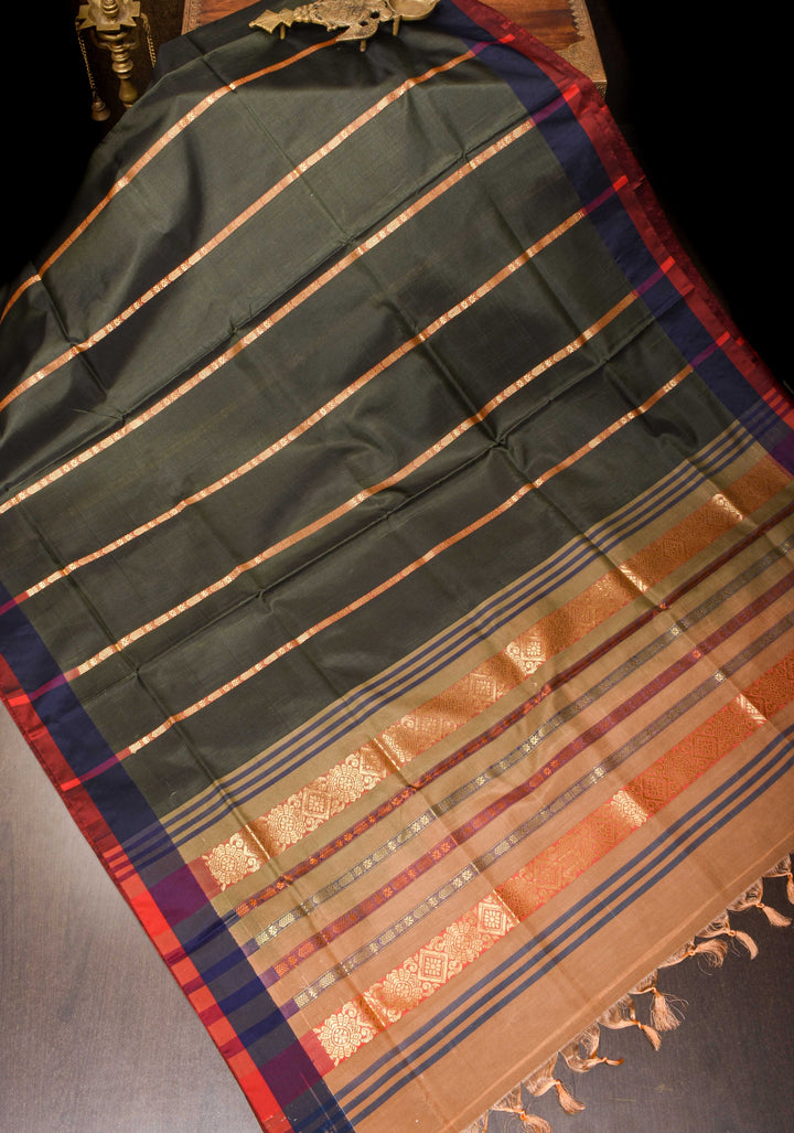 Vegan Silk Handloom Saree in Dark Gray with Resham Stripes and Contrast Pallu, No Blouse piece