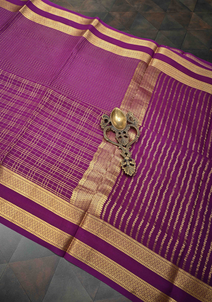 Mubaggam 3-Part Brocade Mysore Silk Saree in Thistle Plum With Podi Kattam Zari checks With Rettaipet Border | SILK MARK CERTIFIED