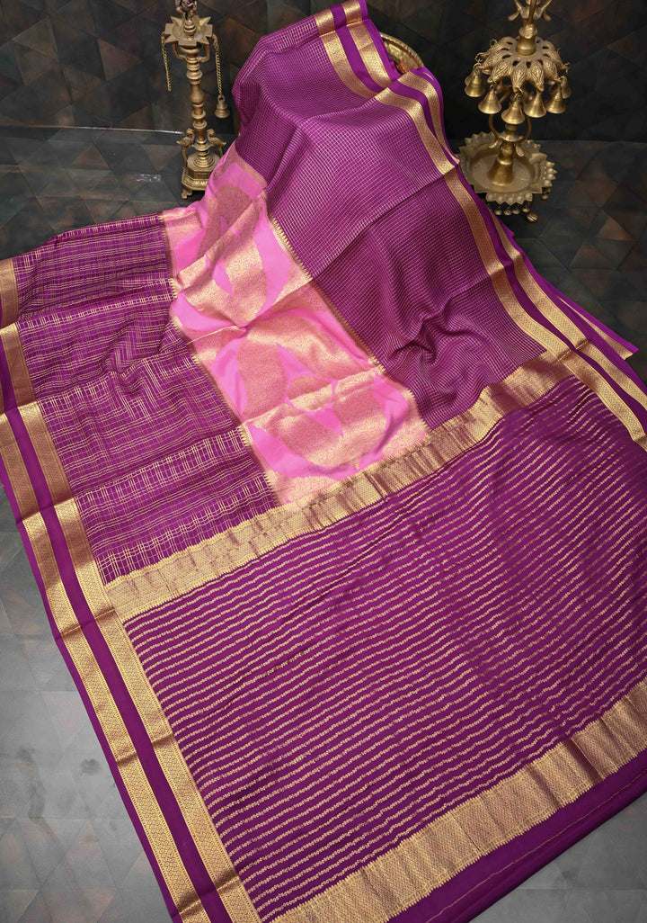 Mubaggam 3-Part Brocade Mysore Silk Saree in Thistle Plum With Podi Kattam Zari checks With Rettaipet Border | SILK MARK CERTIFIED