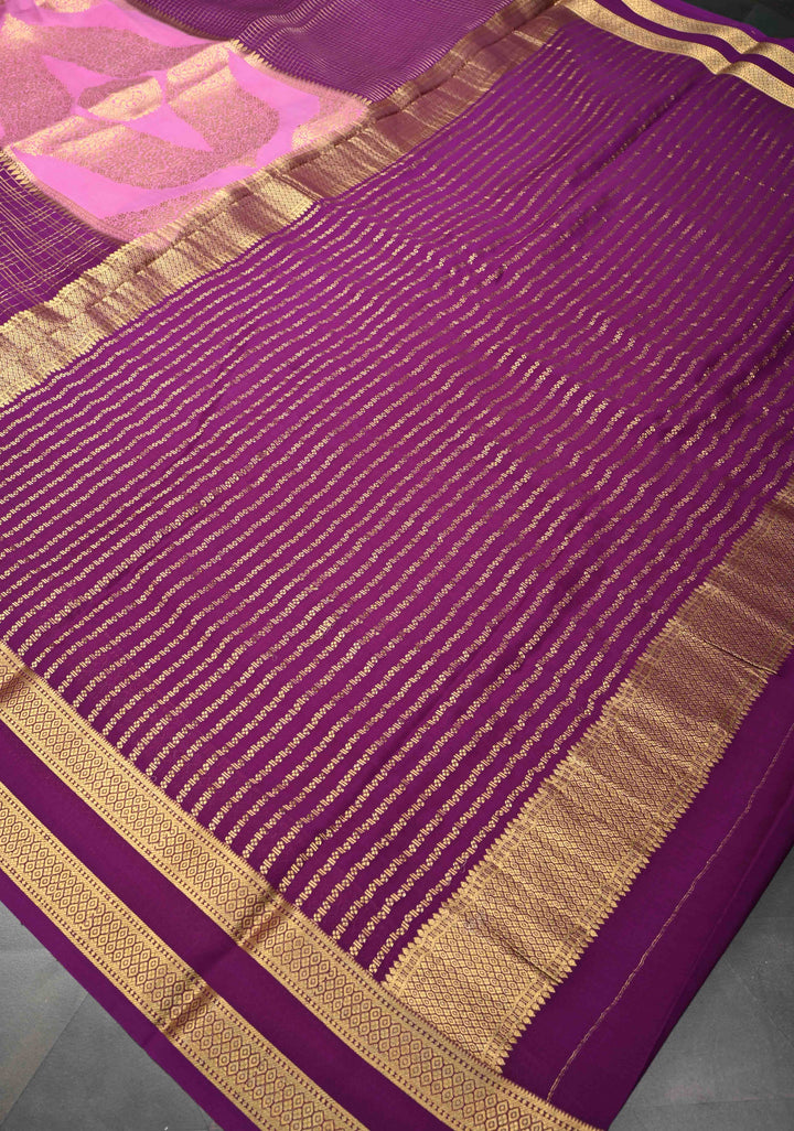 Mubaggam 3-Part Brocade Mysore Silk Saree in Thistle Plum With Podi Kattam Zari checks With Rettaipet Border | SILK MARK CERTIFIED