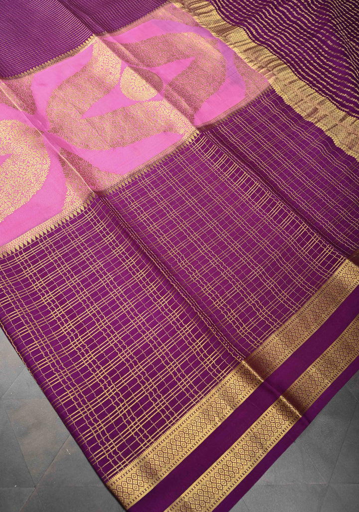 Mubaggam 3-Part Brocade Mysore Silk Saree in Thistle Plum With Podi Kattam Zari checks With Rettaipet Border | SILK MARK CERTIFIED
