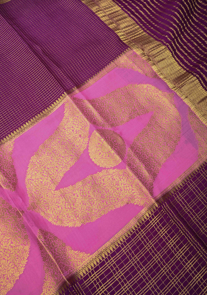 Mubaggam 3-Part Brocade Mysore Silk Saree in Thistle Plum With Podi Kattam Zari checks With Rettaipet Border | SILK MARK CERTIFIED