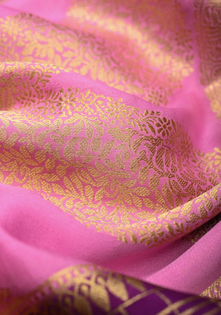 Plum-Pink Mysore Silk Saree with Zari Checks and Zari Border | SILK MARK CERTIFIED