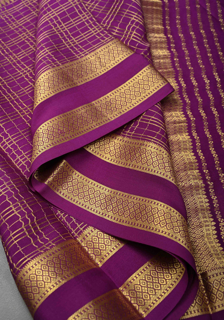Plum-Pink Mysore Silk Saree with Zari Checks and Zari Border | SILK MARK CERTIFIED
