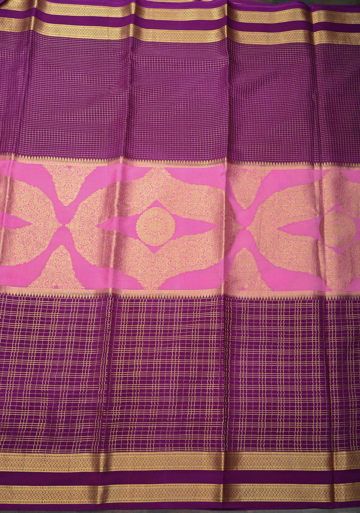 Mubaggam 3-Part Brocade Mysore Silk Saree in Thistle Plum With Podi Kattam Zari checks With Rettaipet Border | SILK MARK CERTIFIED