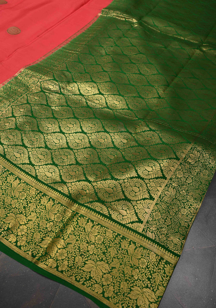 Pink Mysore Silk Saree with Mandala Zari Buttas and Contrast Green Zari Border | SILK MARK CERTIFIED
