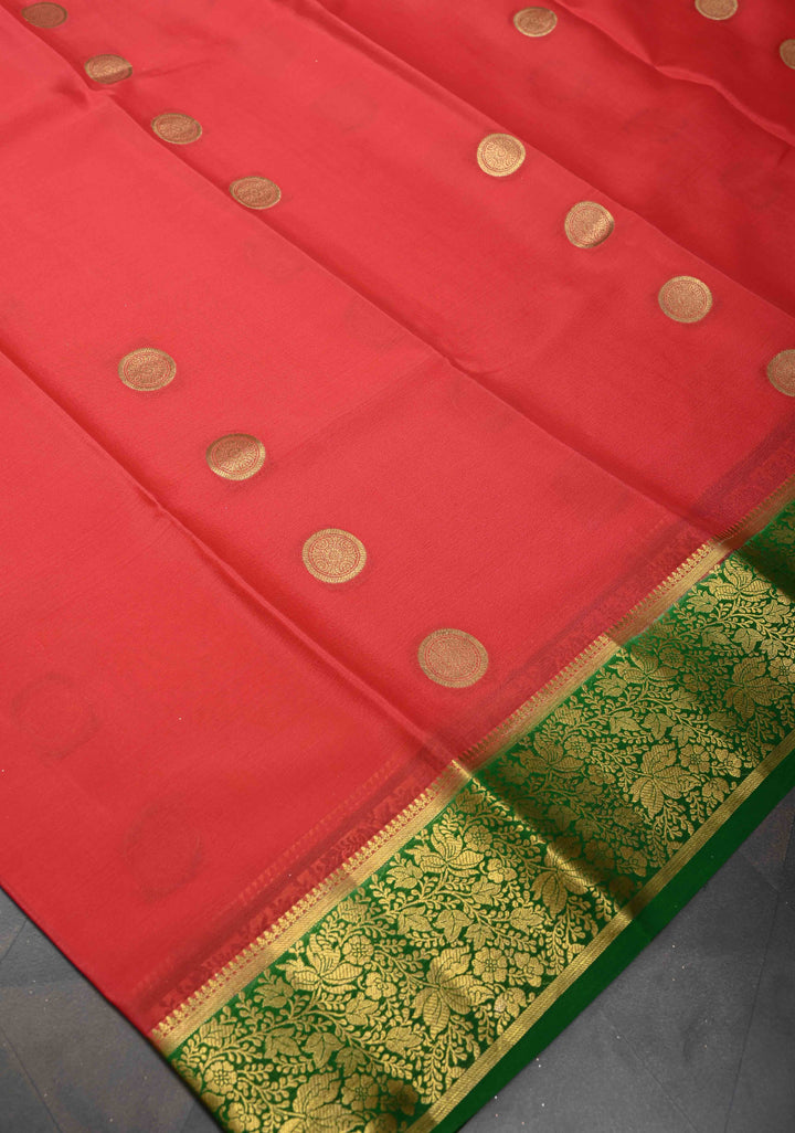 Pink Mysore Silk Saree with Mandala Zari Buttas and Contrast Green Zari Border | SILK MARK CERTIFIED