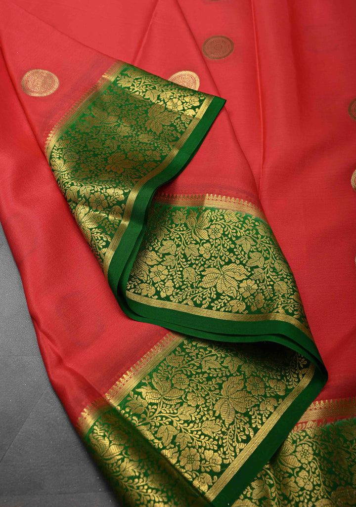 Pink Mysore Silk Saree with Mandala Zari Buttas and Contrast Green Zari Border | SILK MARK CERTIFIED