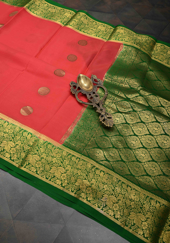 Pink Mysore Silk Saree with Mandala Zari Buttas and Contrast Green Zari Border | SILK MARK CERTIFIED