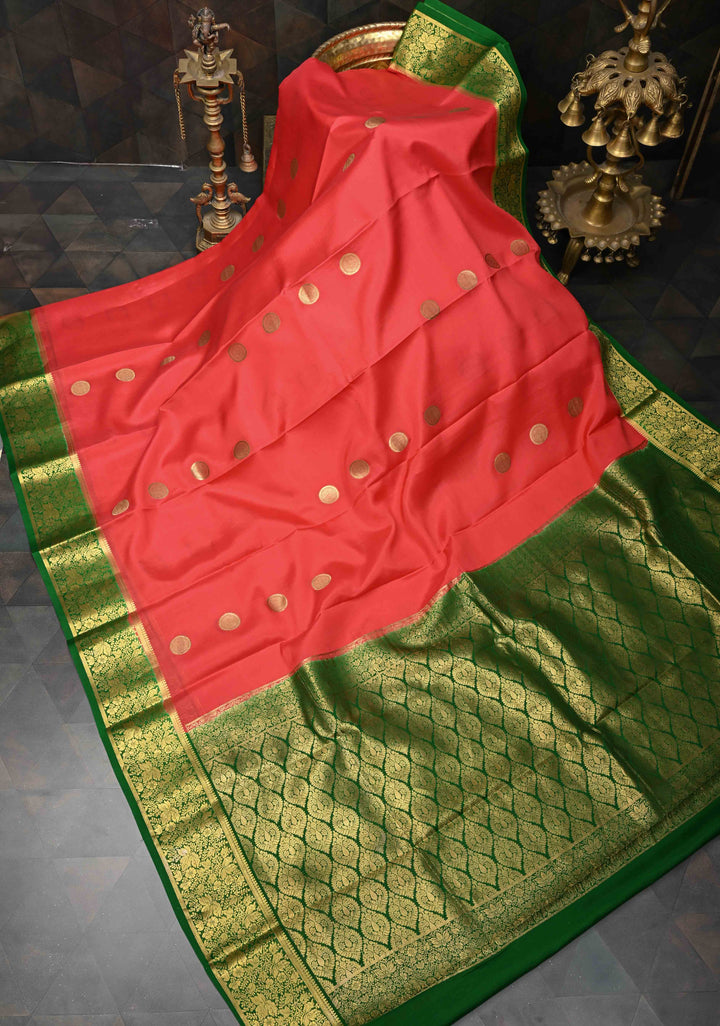 Pink Mysore Silk Saree with Mandala Zari Buttas and Contrast Green Zari Border | SILK MARK CERTIFIED