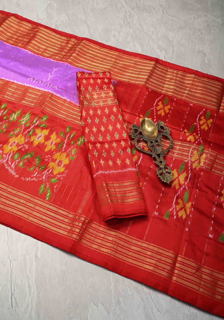 Lavender Pochampally Ikkat Pure Silk Saree with Ikkat Weave and Contrast Zari Border  | SILK MARK CERTIFIED