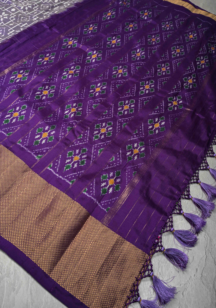 Dusty Amethyst Pochampally Ikkat Pure Silk Saree with Brocade and Zari Border  | SILK MARK CERTIFIED