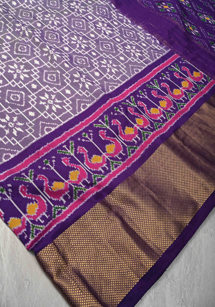 Dusty Amethyst Pochampally Ikkat Pure Silk Saree with Brocade and Zari Border  | SILK MARK CERTIFIED