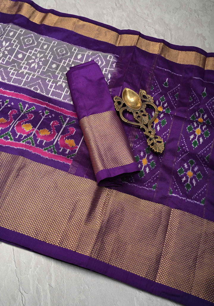 Dusty Amethyst Pochampally Ikkat Pure Silk Saree with Brocade and Zari Border  | SILK MARK CERTIFIED