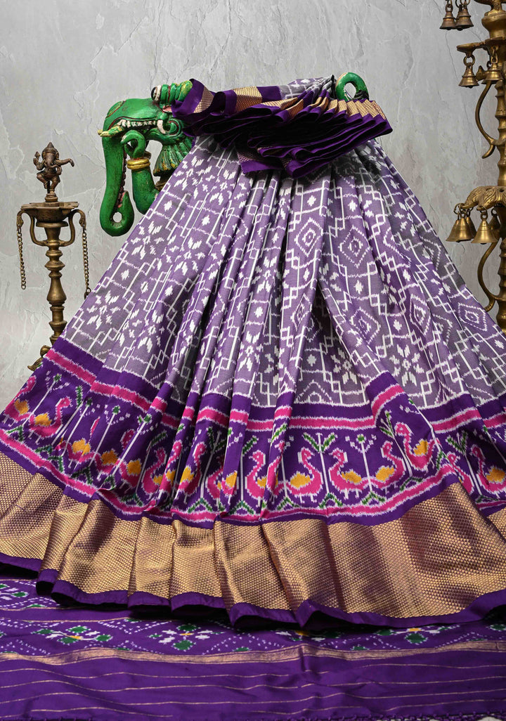 Dusty Amethyst Pochampally Ikkat Pure Silk Saree with Brocade and Zari Border  | SILK MARK CERTIFIED