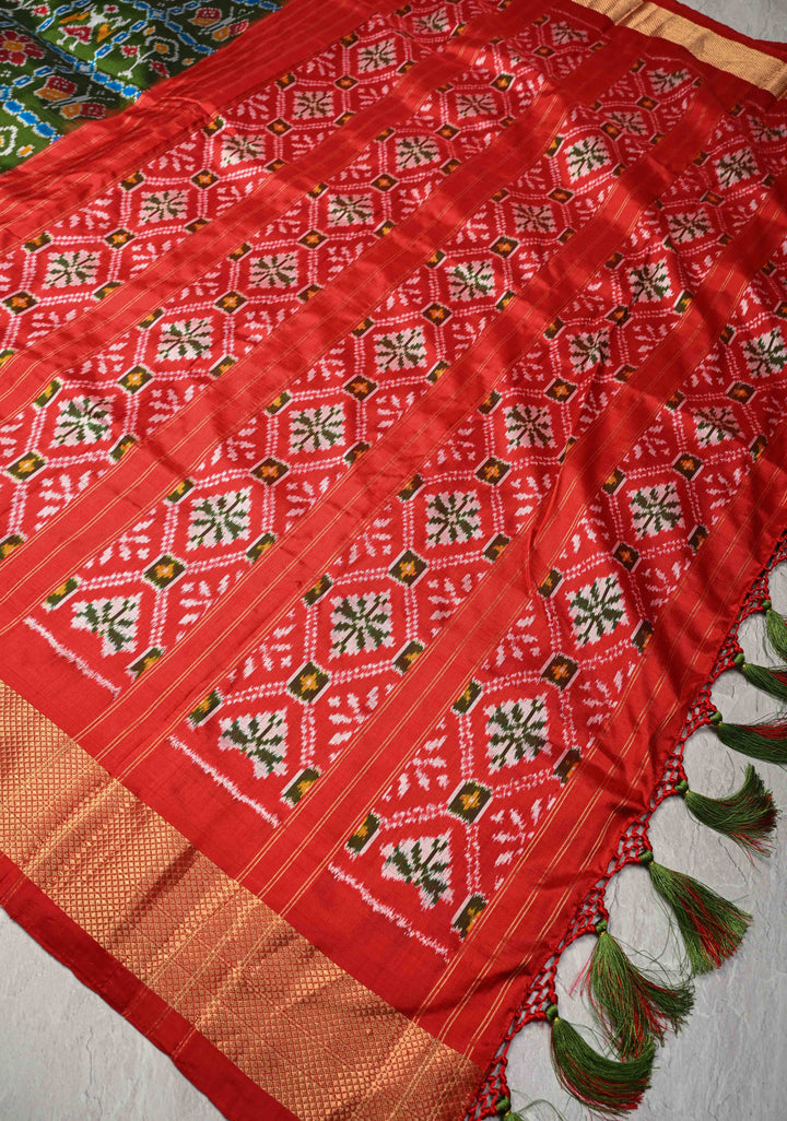 Sap Green Pochampally Ikkat Pure Silk Saree Patola Brocade and Contrast Zari Border | SILK MARK CERTIFIED