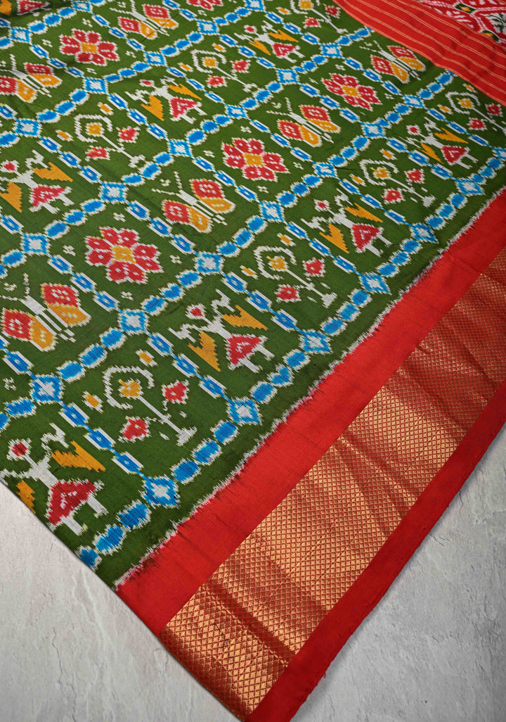 Sap Green Pochampally Ikkat Pure Silk Saree Patola Brocade and Contrast Zari Border | SILK MARK CERTIFIED