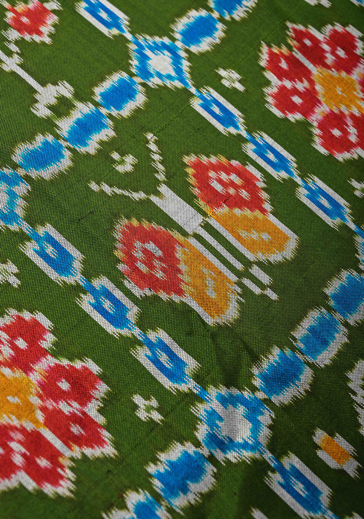 Sap Green Pochampally Ikkat Pure Silk Saree Patola Brocade and Contrast Zari Border | SILK MARK CERTIFIED