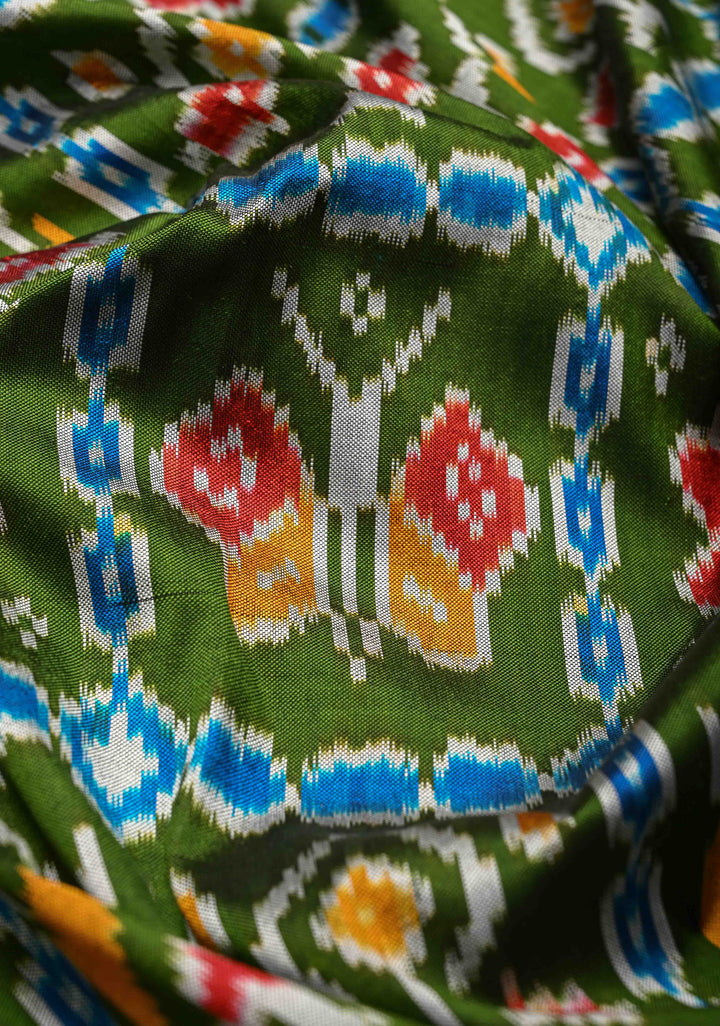 Sap Green Pochampally Ikkat Pure Silk Saree Patola Brocade and Contrast Zari Border | SILK MARK CERTIFIED